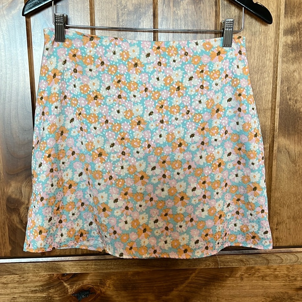 Altar’d State, floral A-line skirt, pink and orange flowers, light blue